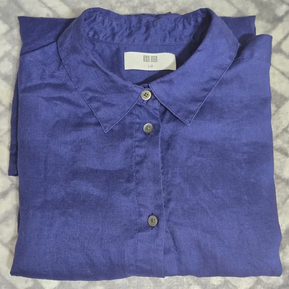 Uniqlo Womens 100% Linen Button Down Shirt Dark Blue Size L - Picture 7 of 7